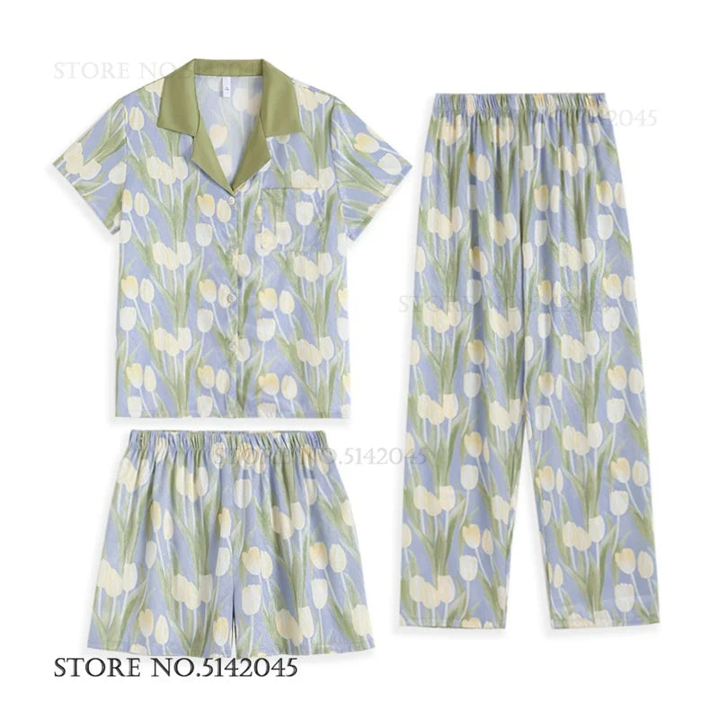 Chinese Style Print Flower 3PCS Pajamas Set Loungewear Summer New Women Sleepwear Short Sleeve Trouser Suit Silk Satin Homewear.