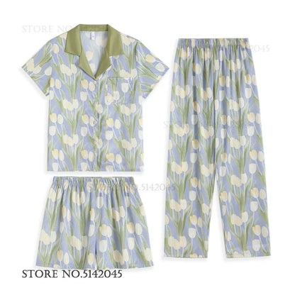 Chinese Style Print Flower 3PCS Pajamas Set Loungewear Summer New Women Sleepwear Short Sleeve Trouser Suit Silk Satin Homewear.