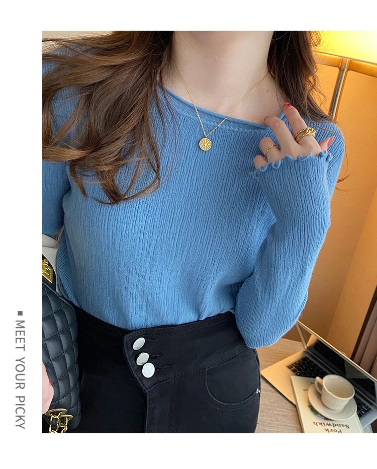 2025Oansatz Rippen Langarm Koreanische Dünne Weibliche Pullover Frauen Pullover Stricken Weiche Jumper Tops Geraffte Herbst Winter Tops