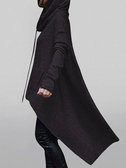Damen-Kapuzenpullover in Übergröße mit Taschen, asymmetrischem Saum, klassisches Retro-Schwarz-Pullover-Sweatshirt, Frühling/Herbst, dunkelschwarzer Kapuzenpullover.