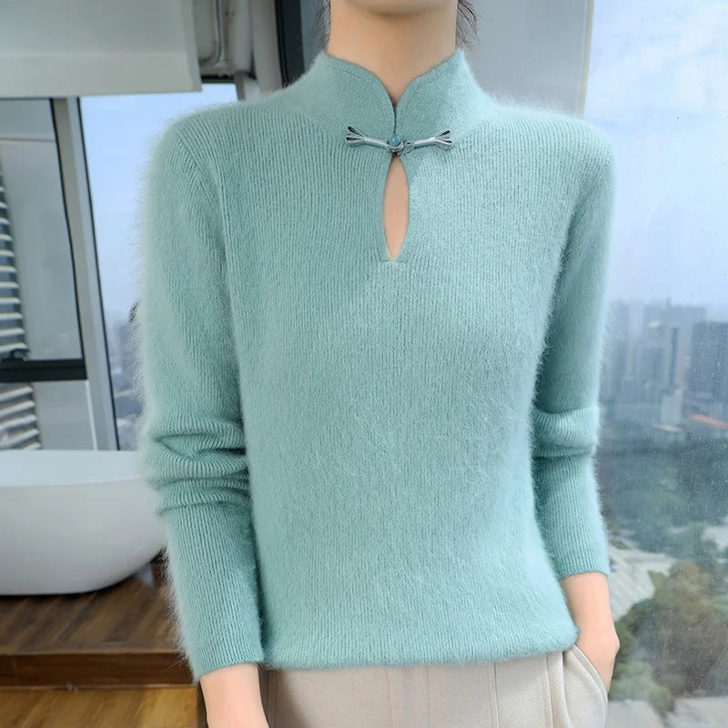 2024 autumn winter new 100% mink cashmere sweater women's pullover slim-fit long sleeve solid color stand collar bottom knitwear