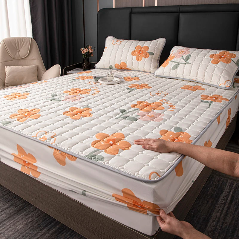 Bonenjoy Printed Bed Cover Simple Style Bedspread Quilted Bed Linen Home Non-slip Mattress Protector 매트리스 커버 (No Pillowcase).
