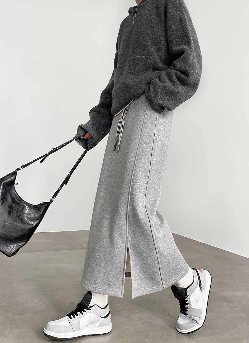 Women's Gray Split Midi Skirts Elasticity Waist Casual Loose Long Skirts Female Autumn Winter Thicken Plus Velvet Straight Skirt.
