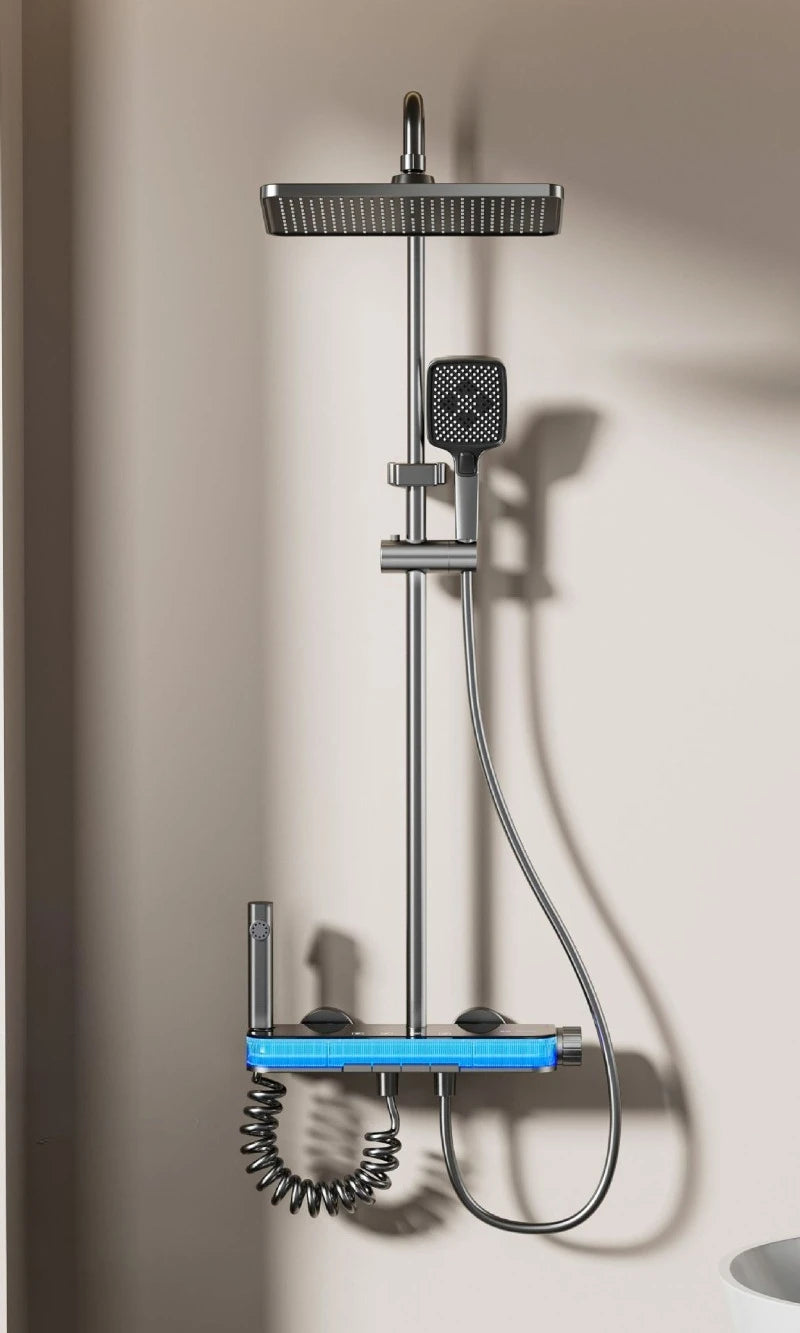 Smart Digital Rainlfall Bathroom Shower Set Temperature Display Bathroom Shower Faucet Set Grey Shower System with Ambient Light