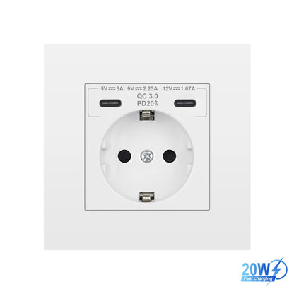 SRAN EU-Standard-Wandsteckdose mit USB und Typ-C 20 W Schnellladung, 5 V/2 A Doppelanschlüssen, 86 x 86 mm flammhemmendes Panel, CE-zertifiziert