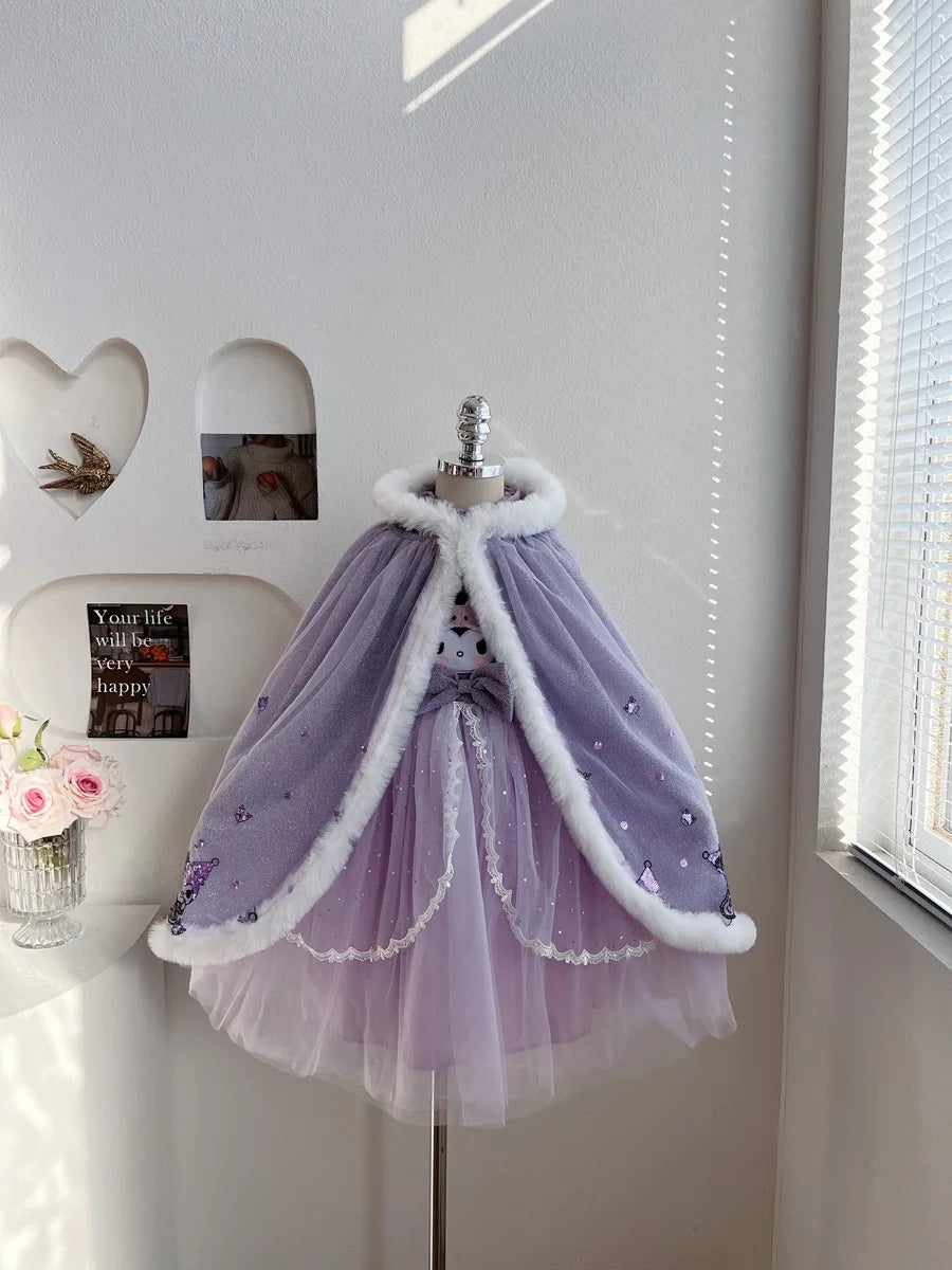 Anime Kuromi Lolita Kleid und Umhang Set Strickpullover Spleißen Mesh Prinzessin Kleid Partykleid Herbst Winter Urlaub Geschenk.