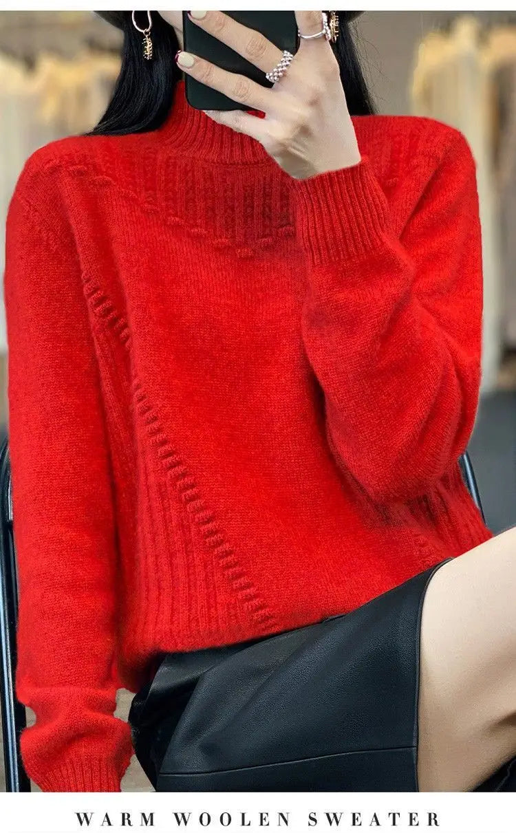 2024 herbst Neue Lose frauen Halb-rollkragen Verdickt Einfarbig Einfache Häkeln Beiläufige Gestrickte Pullover Pullover Top.