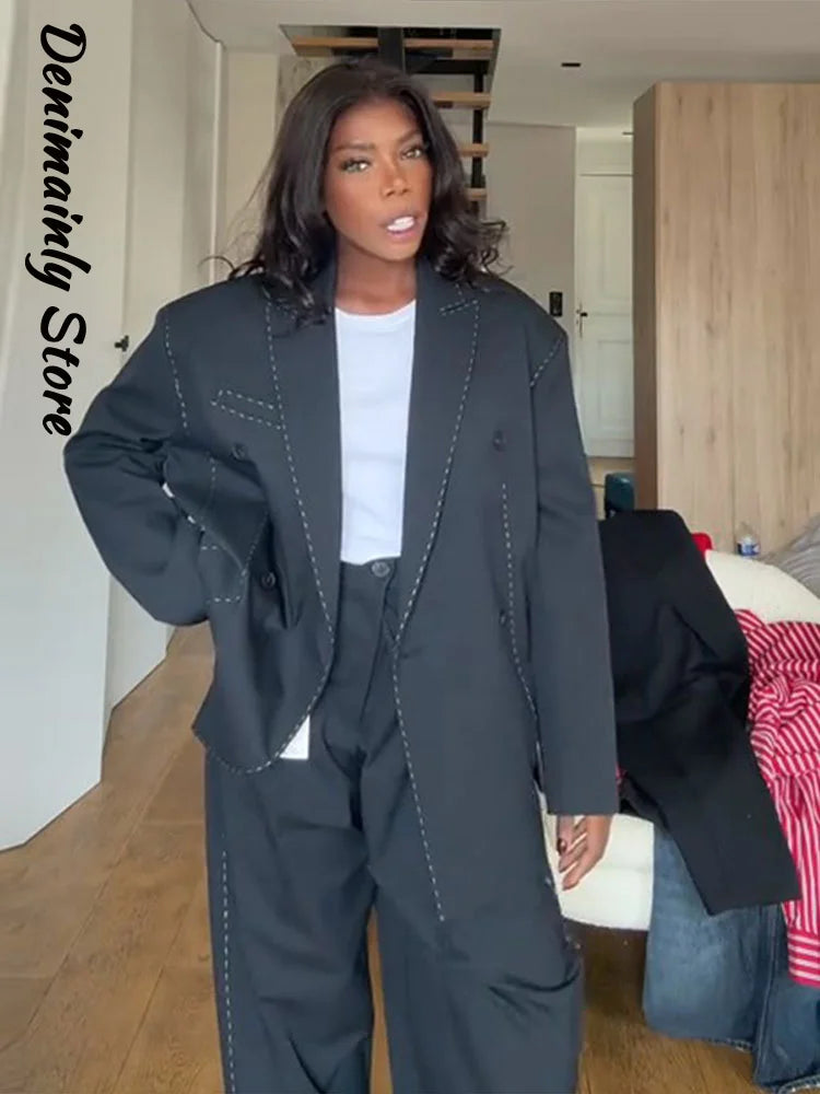 Fashion Line Suit Pants Set Women Lapel Full Sleeve Double Breast Pocket Blazer Straight Trousers 2025 Autumn Winter Lady Outfit.