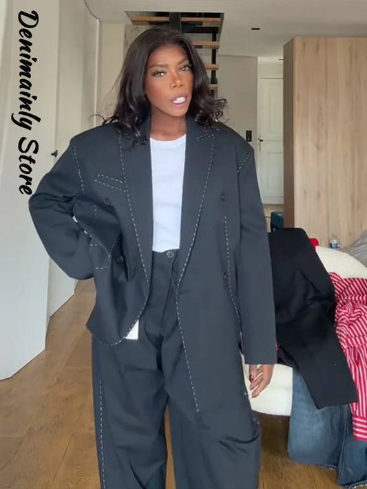 Fashion Line Suit Pants Set Women Lapel Full Sleeve Double Breast Pocket Blazer Straight Trousers 2025 Autumn Winter Lady Outfit.