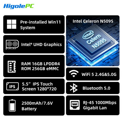 Higole Gole 2 Pro 5.5'' Intel N5095 Mini PC Windows 11 WiFi5 BT5.0  8/16GB 256GB Touch Screen 4K Desktop Computer Windows Tablet.