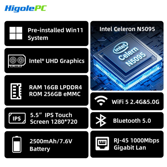 Higole Gole 2 Pro 5.5'' Intel N5095 Mini PC Windows 11 WiFi5 BT5.0  8/16GB 256GB Touch Screen 4K Desktop Computer Windows Tablet.