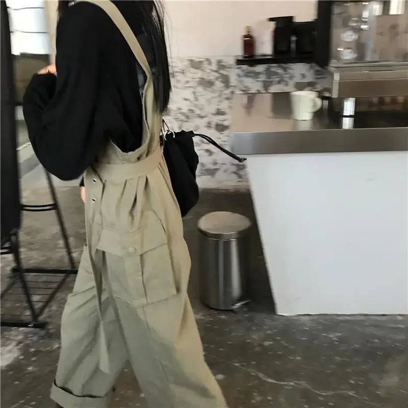 Jumpsuits Women Design Loose Fashion Vintage Students Spring Korean Style Straight Leisure Belt Simple Solid Elegant Tender Cozy.