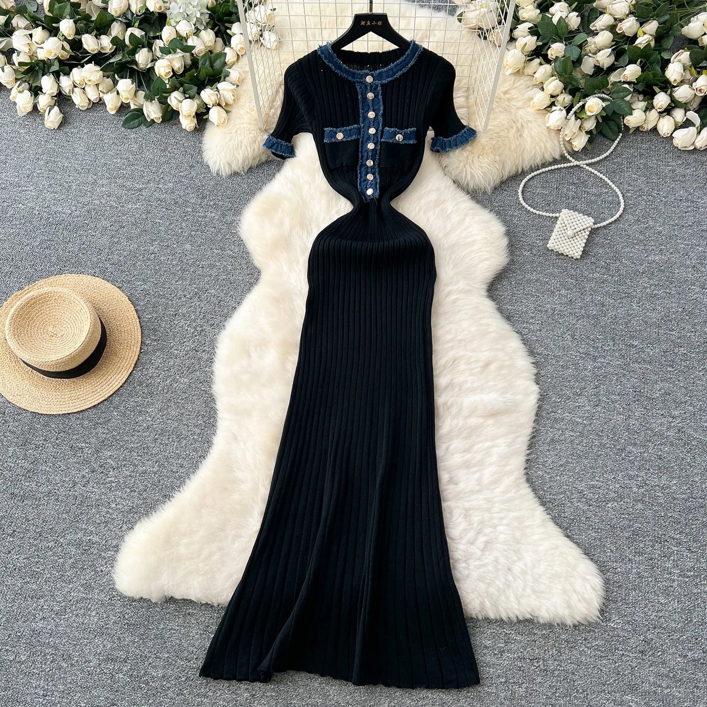 YuooMuoo Chic Mode Sexy Pakete Gestrickte Maxi Kleid Frühling Sommer Vintage Denim Patchwork Lange Pullover Kleid Dame Vestidos