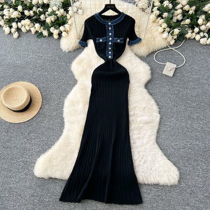 YuooMuoo Chic Mode Sexy Pakete Gestrickte Maxi Kleid Frühling Sommer Vintage Denim Patchwork Lange Pullover Kleid Dame Vestidos