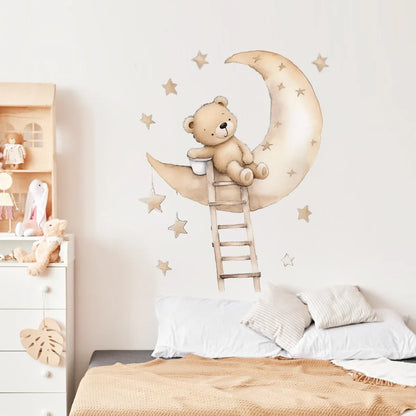 Cute Bear Moon Star Wall Stickers for Kids Rooms Girls Boys Baby Room Decoration Kawaii Cartoon Animal Nursery Wallpaper Vinyl