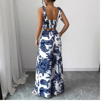 Sexy Strapback Halter Tops Long Pants Female 2-piece Set Summer Fashion Printed Wide-leg Pocket Trousers Elegant Women's Suit.