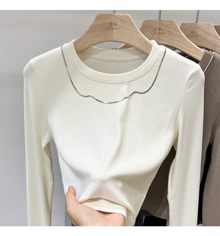 Women Trendy Chain Link Autumn Fashion Slim Fit Cropped T-shirts 2025 Long Sleeve T-shirt Solid Simple Base Layer Crop Tops.