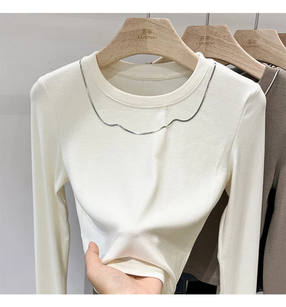 Women Trendy Chain Link Autumn Fashion Slim Fit Cropped T-shirts 2025 Long Sleeve T-shirt Solid Simple Base Layer Crop Tops.