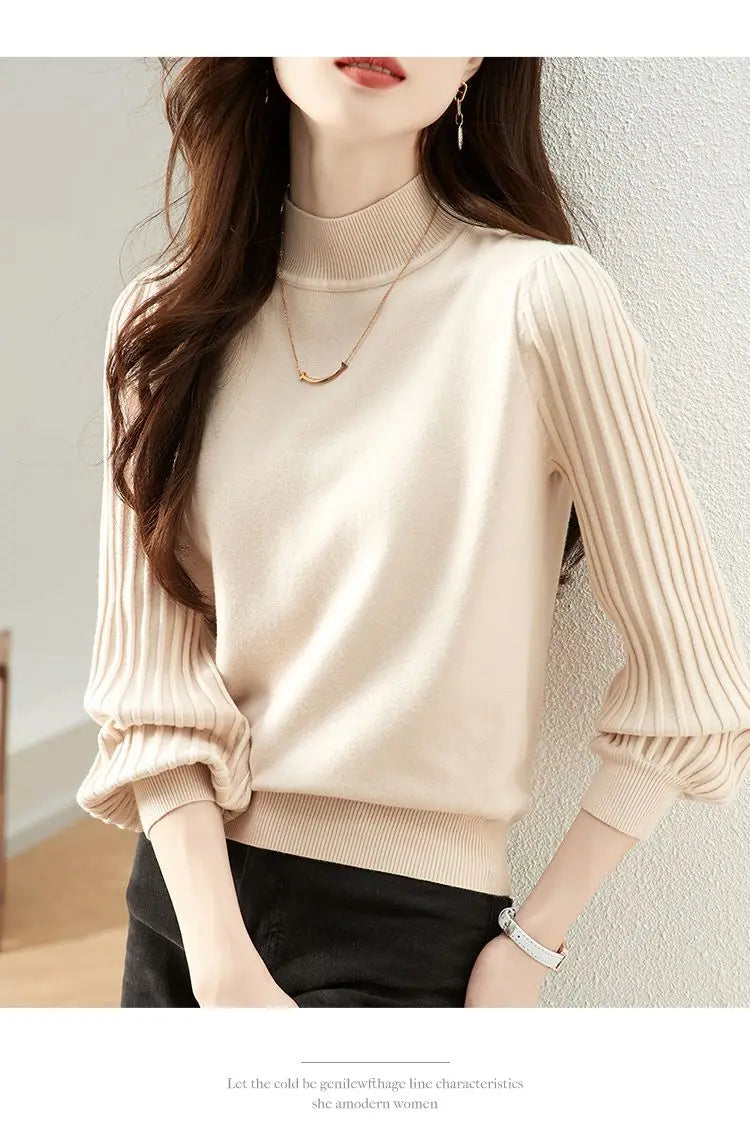 Women Half High Collar Base Sweater Autumn And Winter Casual Solid Knitted Tops Pit Stripe Long Sleeved Pullover Sweaters.
