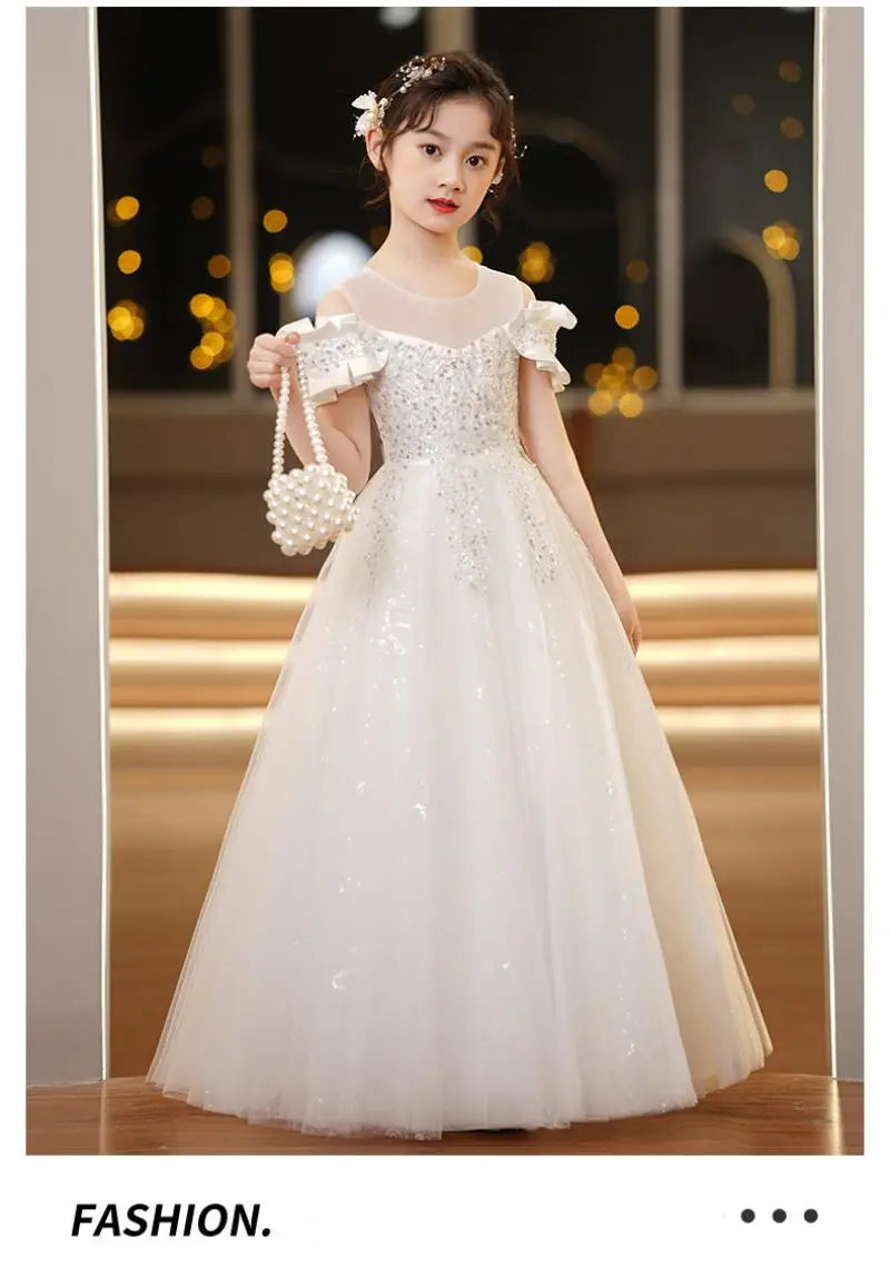 Neue Jugend Mädchen Prinzessin Mesh Kleid Hochzeit Blumen mädchen Kleid Schul wettbewerb Klavier lange Leistung Kleid für 3-12 Jahre.