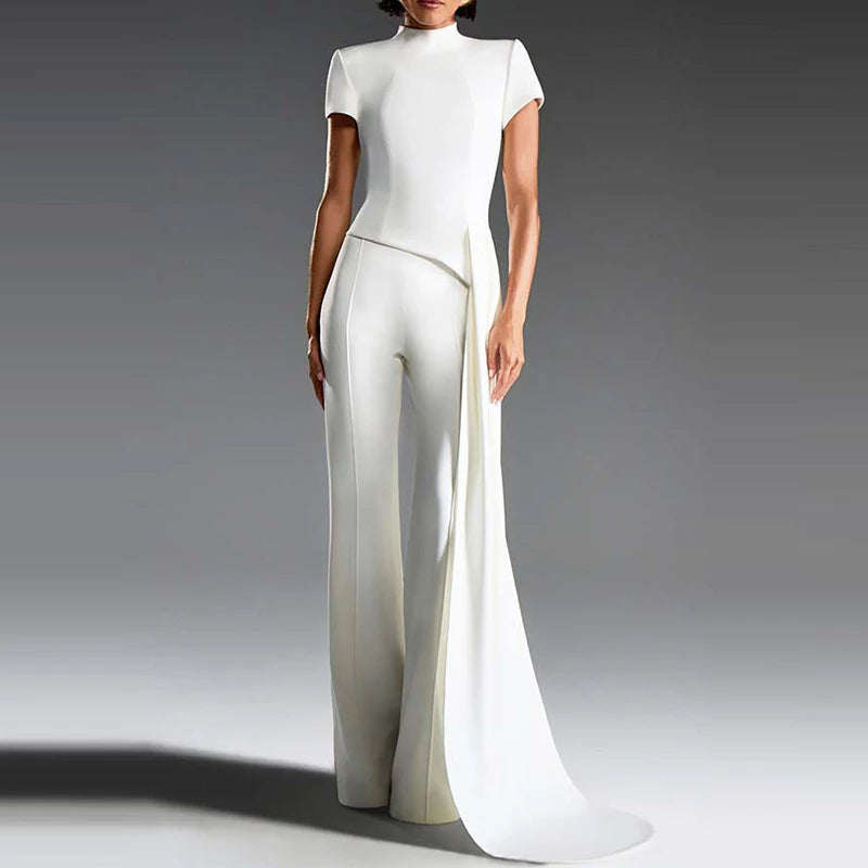 Simple Solid High Waist Straight Suit Office Elegant Party Outfit Women's Stand Collar Short Sleeved Top and Pants Two Piece Set.