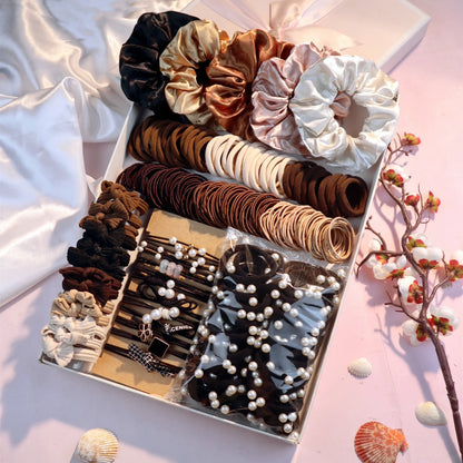 Fashionable Brown Hair Accessories Set for Women, Seamless Ponytail Holders Variety Hair Scrunchies For Women Lady.