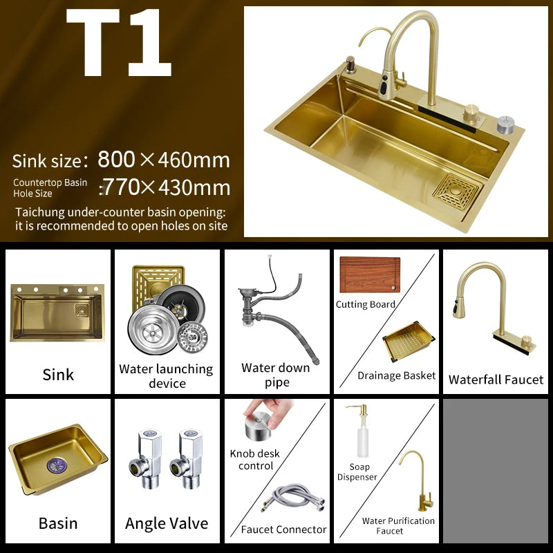 YCRAYS Golden Nano Multifunctional Kitchen Sink 4 Mode Waterfall Faucet Large Single Bowl Soap Dispenser Pure Tap Cup Washer