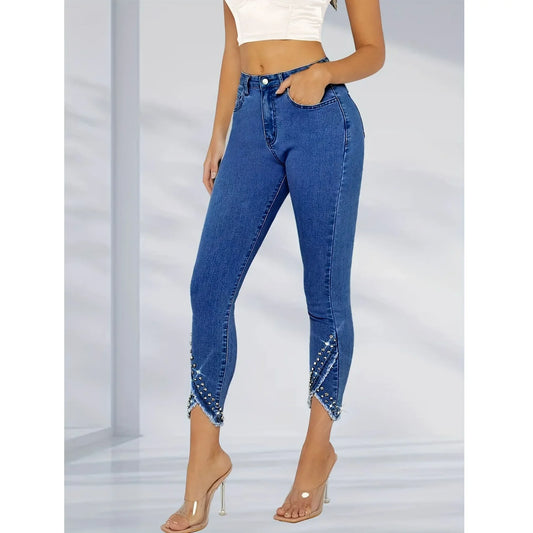 Plus Size Diamond Decorated Elastic Slim Fit Jeans Women's plus Size Washed Denim Stretchy Comfortable Big Size Female Pants.