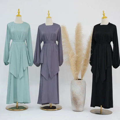 2-teiliges Saudi-Arabien muslimisches Damen-Abaya-Kleid aus Satin für Damen, Islam, Dubai, Urlaub, bescheidene Kleidung, 2024, elegante türkische Robe