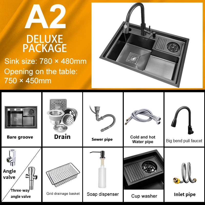 Stainless Steel Kitchen Sink Stepped Large Single Slot Wash Dish Vegetables Basin Multifunctional With Cup Washer Knife Holder