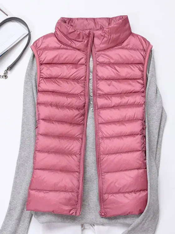 0-10 ℃   Frauen Westen Herbst Winter Ultra Licht Ente Unten Weste Weibliche Dünne Ärmellose Jacke Winddicht Warme Puffer Weste 4XL
