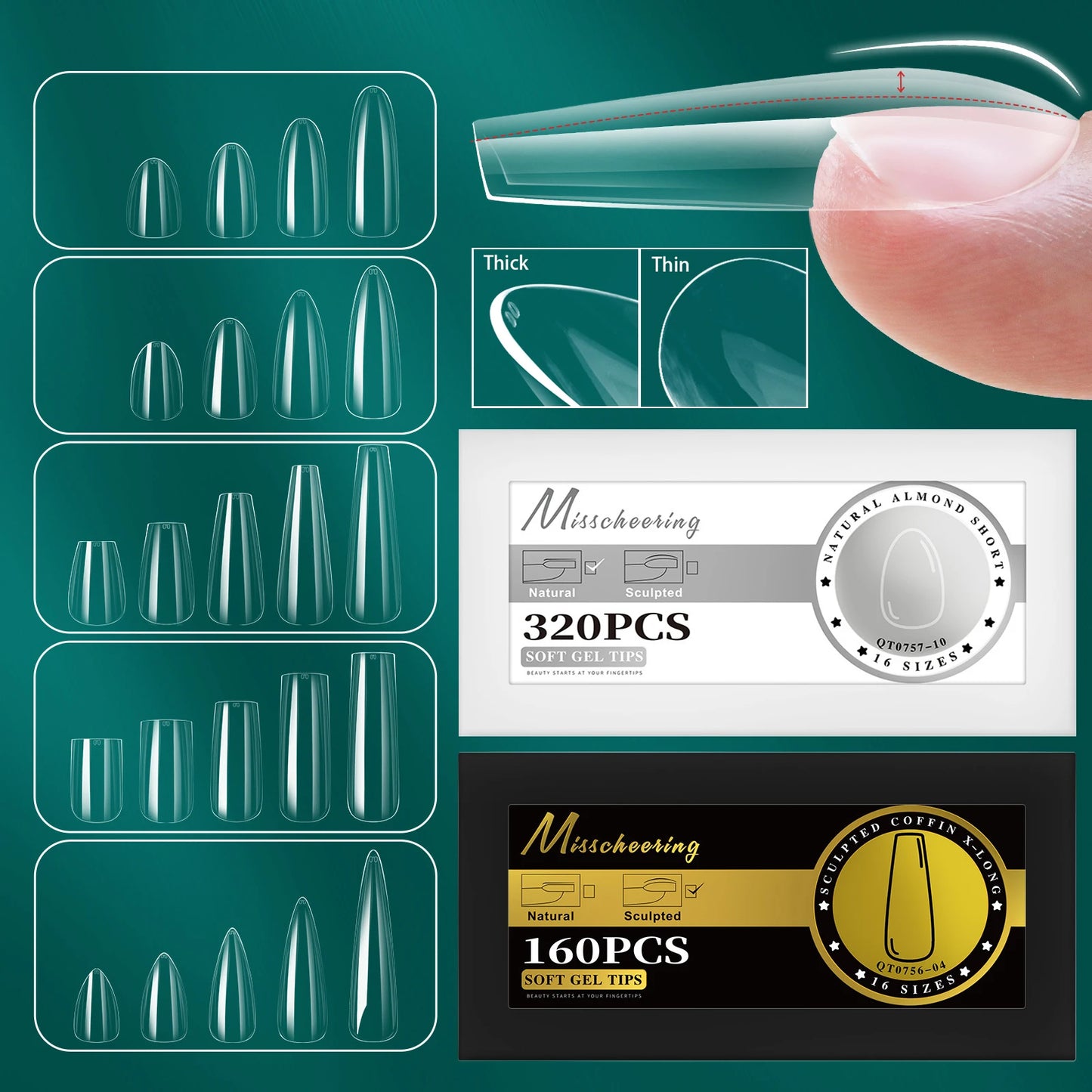 16 Sizes Curved Arch Soft Gel False Nail Tips Full Cover Press on Almond Capsules French Coffin Artificial Fake Nails Extension.