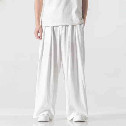 Hanfu Spirit Draped Linen Pants For Men Straight-leg Casual Trousers Chinese Style Loose-fit Ancient Wide-leg Song Trousers