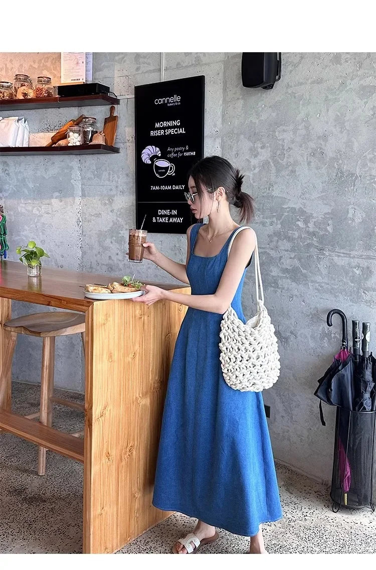 Blue Mist Love Französisches Jeanskleid für Damen, Sommer, einzigartiges Design, Taille, Cinching-Riemen, langes Kleid, elegante blaue Polyesterfaser