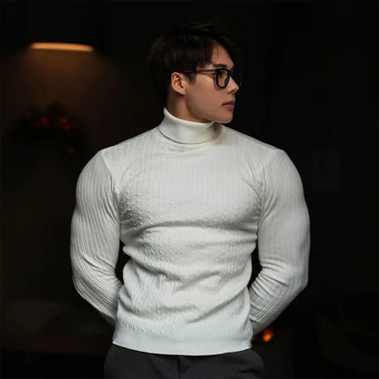 New Men's Turtleneck Sweaters Autumn Knitted Striped Streetwear Warm Long Sleeved Pullover Solid Color Basic Style Casual Tops.