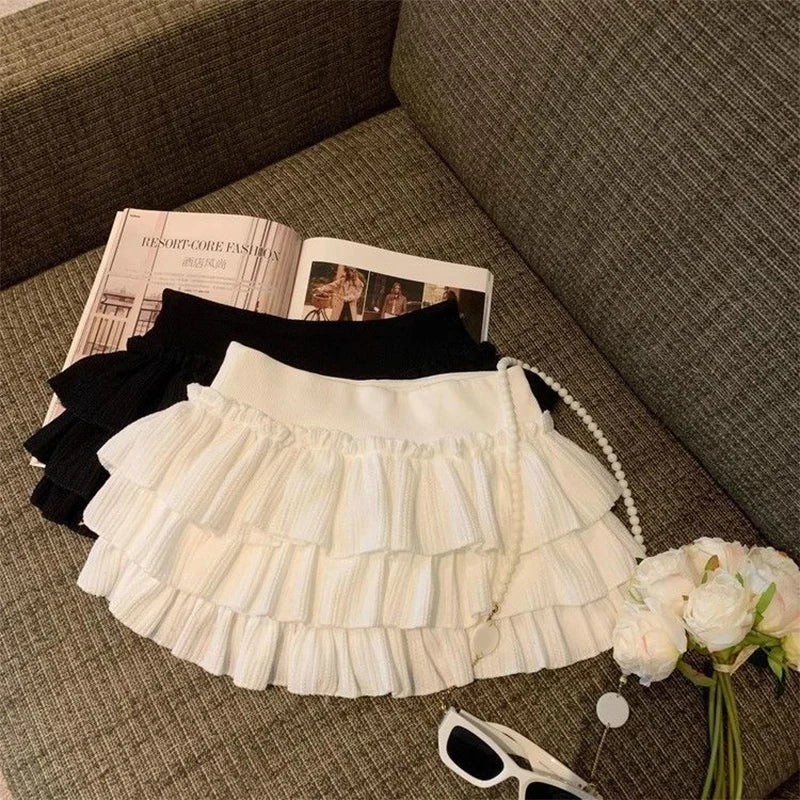 Sweet Puffy Cake Women Skirts Korean Fashion Ruched Ruffle Mini Skirt Campus Harajuku Casual Versatile Elastic Waist Solid Skirt.