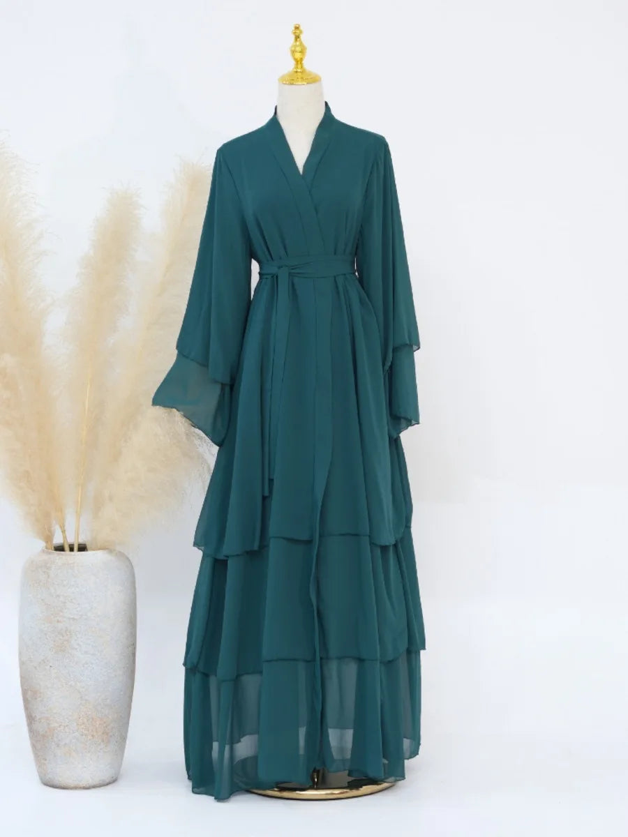 Eid Muslim Abaya for Women Chiffon 3 Layers Cake Party Cardigan Robe Jalabiya Dresses Ramadan Morocco Abayas Kaftan Vestidos