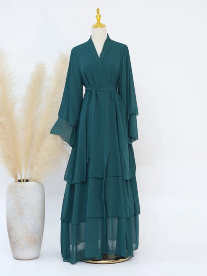 Eid Muslim Abaya for Women Chiffon 3 Layers Cake Party Cardigan Robe Jalabiya Dresses Ramadan Morocco Abayas Kaftan Vestidos