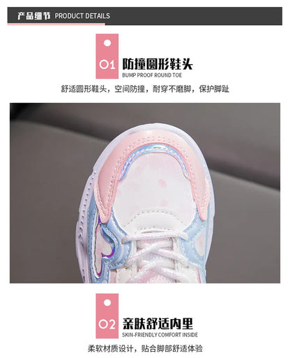 Disney Girls' Casual Shoes Frozen Priness Elsa Sneakers Mesh Leather White Breathable Sole Children's Sport Shoes Size 26-37