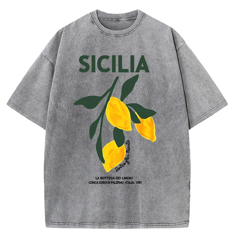 Amalfi Coast Italia Lemon Fruit Design Women Washed T-Shirts Y2K Casual T Shirt Summer Hip Hop Top Cotton Loose Short Sleeve