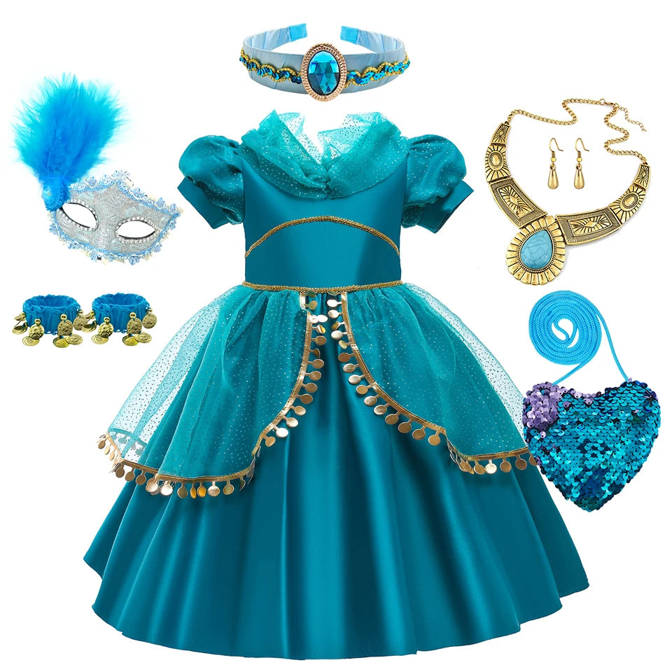 Disney Prinzessin Jasmin Kleid Kinder Cosplay Aladin und die Wunderlampe Performance Kostüm Mädchen Halloween Karneval Outfits.