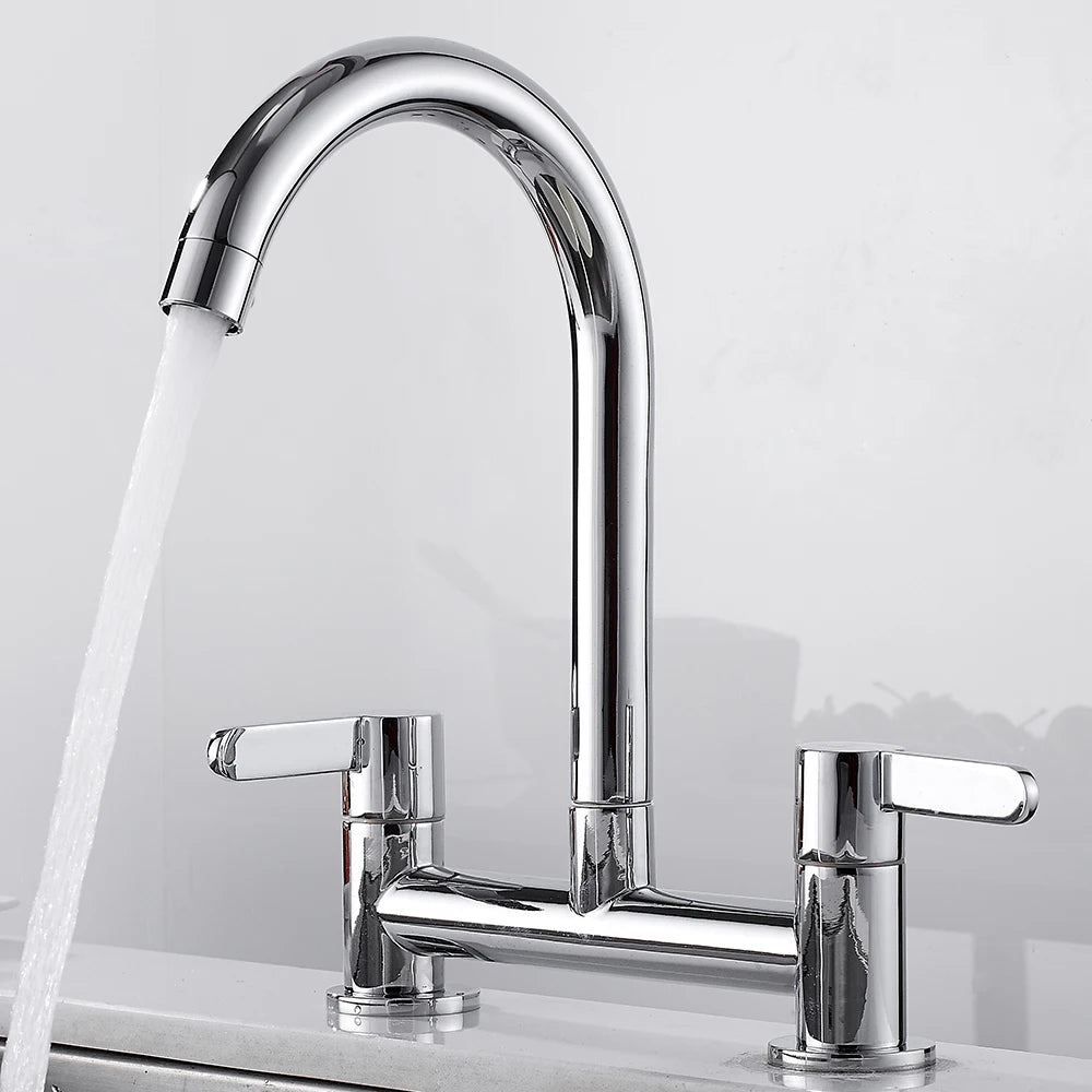 Modern Double Lever Sink Faucet Kitchen Hot Cold Wash Mix Sink Mixer Taps 360° Swivel Spout Kitchen Two Seat Elbow Faucet Filter