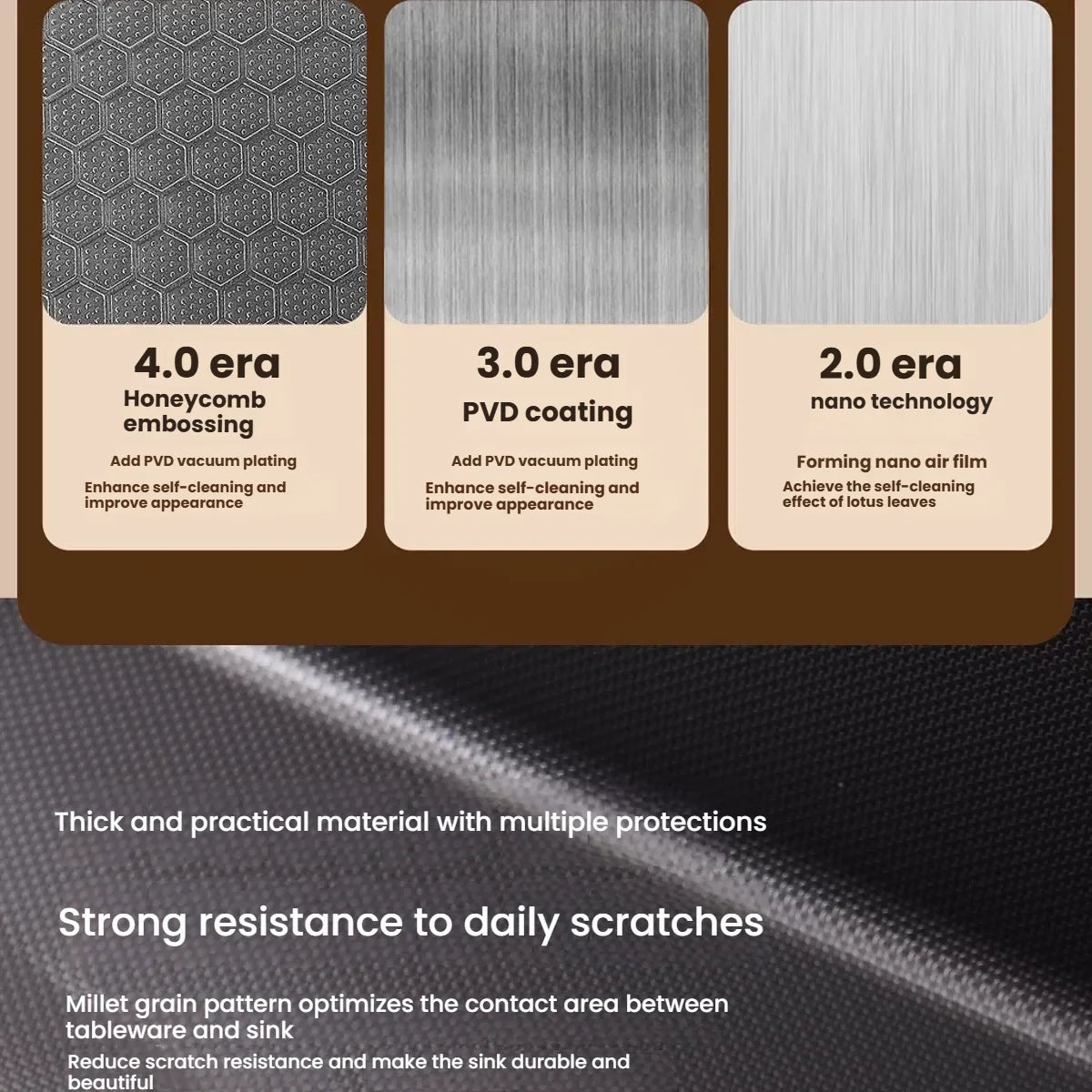 Stainless Steel Kitchen Sink Household Rice Grain Pattern Large Single Slot Wear Resistant Wash Dish Bowl Countertop Basin