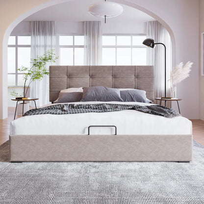 KOMHTOM Hydraulisch Polsterbett Hellgrau - Verstellbares Kopfteil, Metallrahmen-Lattenrost, mit Stauraum, Samtbezug