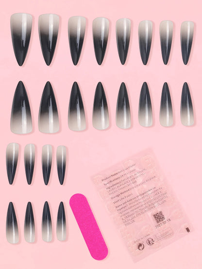24pcs Black Gradients Long Paragraph Fashion Manicure Patch Reusable Adhesive False Nails Almond Fake Nails Press On Stiletto.