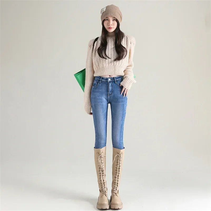 Frauen Thermische Dünne Jeans Mom Winter Warme Plüsch Stretch Jeans Dame Fleece Schnee Denim Hosen Student Bleistift Gerade Bein Hosen