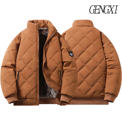 New Windproof Thermal Diamond-Quilted Cotton Jacket Winter Men's Fleece-Lined Thickened Cuff Design Stand-Up Collar Jacket.