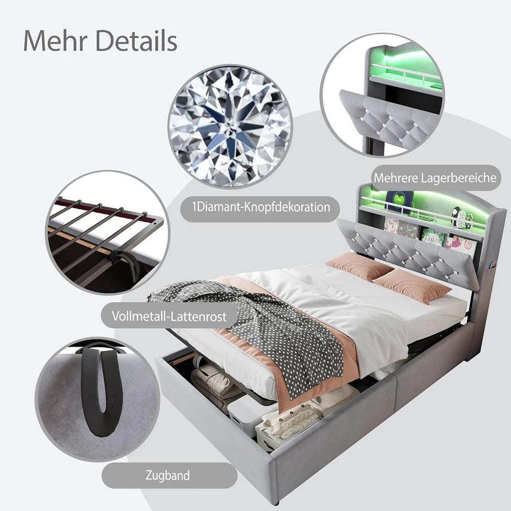 KOMHTOM Kinder Polsterbett 90x200 cm Samt Einzelbett, Multifunktionsbett mit Stauraum, LED und USB