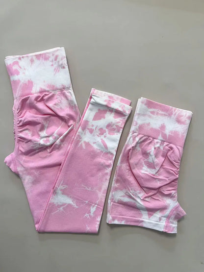 2 PCS Women Athletic Gym Leggings + Shorts Tie Dye Sports Workout Yoga Tights Butt Lifting Scrunch High Waist Yoga Pants.