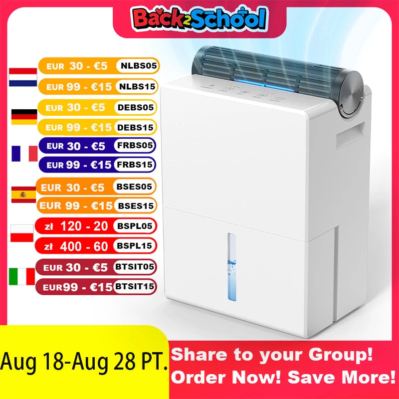 Dehumidifier for Bedroom 2000 ml, Double Hold Design, Drying Mode, Sleep Mode 30 dB, Automatic Defrost Function 24h Timer.